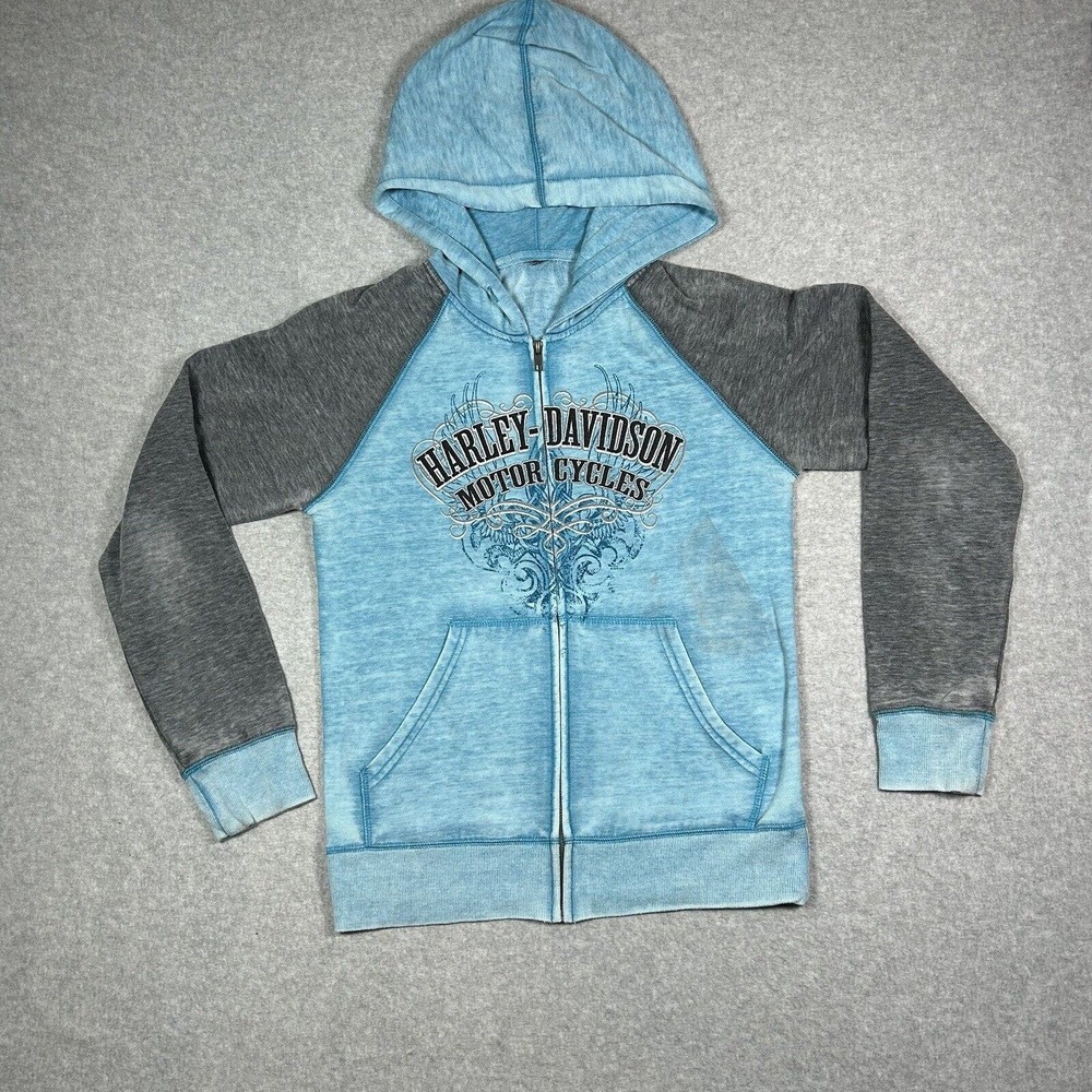 Harley Davidson Motorcycle Jacket Women’s Size Small Blue Gray Full Zip Hoeded